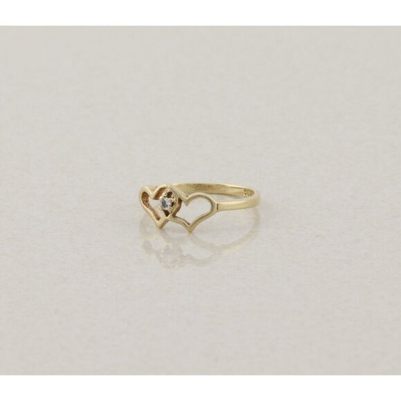 10k Yellow Gold Diamond Two Heart Ring Dainty Woman Teen Girl Size 5 1/4 - Picture 6 of 7